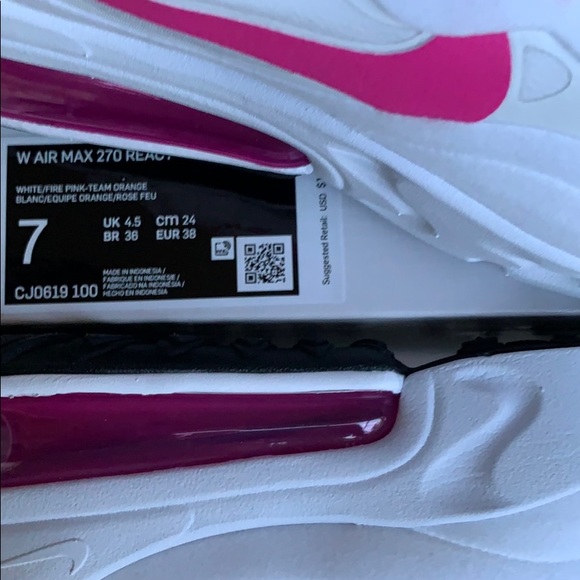NIKE W AIR MAX 270 REACT WHITE/FIRE PINK-TEAM ORAN - Picture 12 of 16